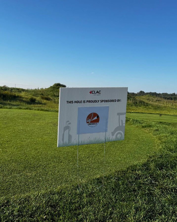 A CLAC golf tournament hole sponsorship sign displaying the Midwest logo.