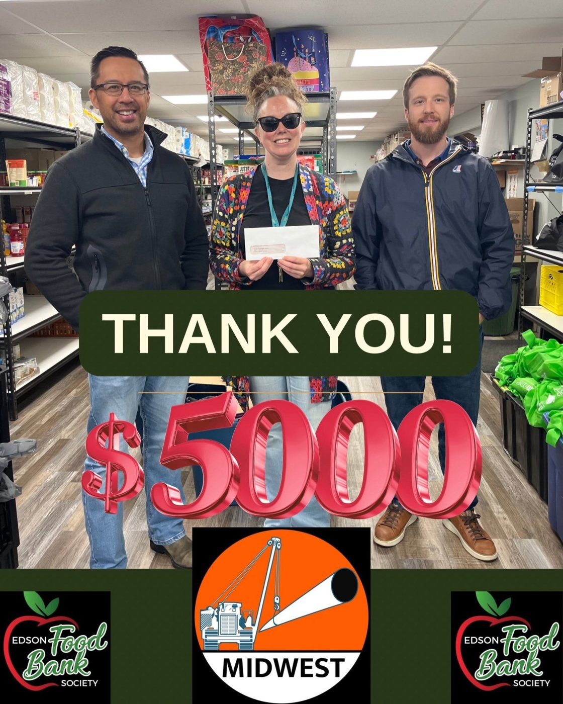 Edson Food Bank Society's thank-you image acknowledging Midwest's $5,000 donation.
