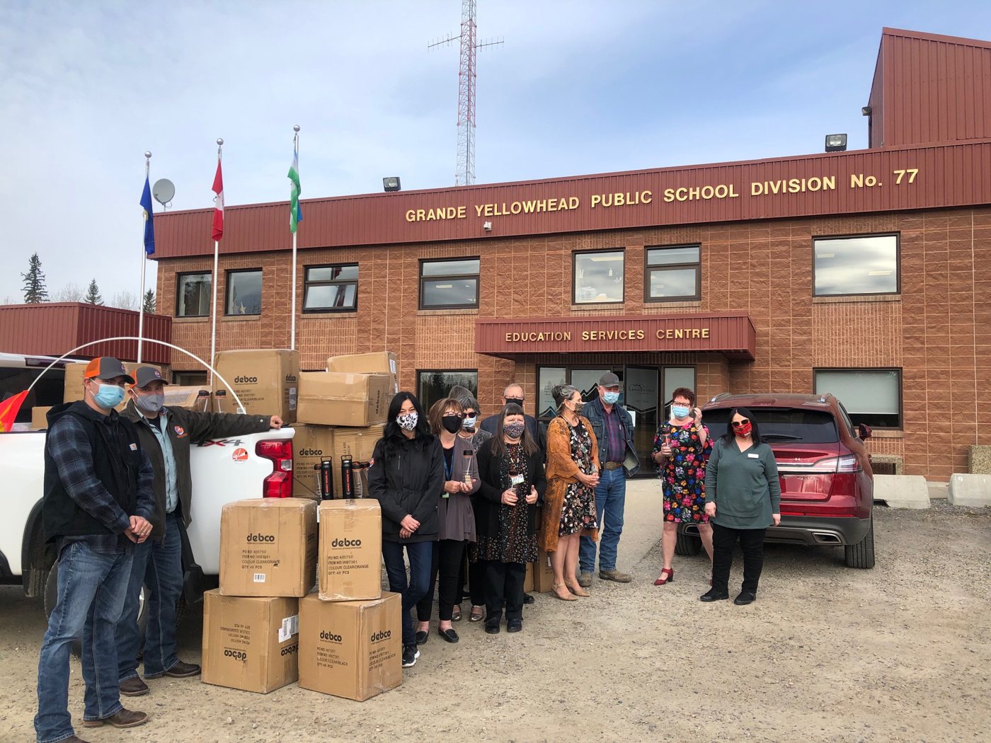 Water-bottle donation outside the Grande Yellowhead Public School Division building.