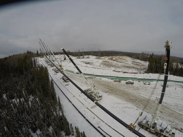 An elevated view of two parallel pipelines and a line of pipelayers along a snowy construction corridor
